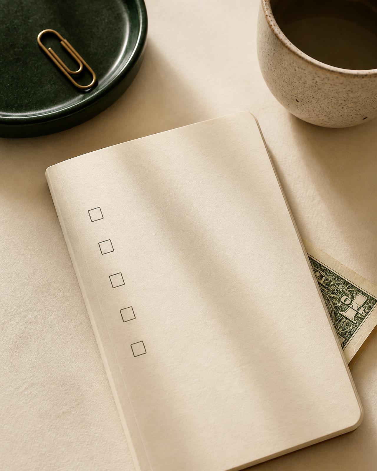 A notebook with five checkboxes beside a cup of coffee and a folded banknote